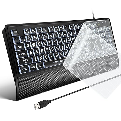 Large Print Backlit Keyboard - High Visibility Big Letter White led,Keyboard for Seniors and Low Visually Impaired, Wired USB with light up and Wrist