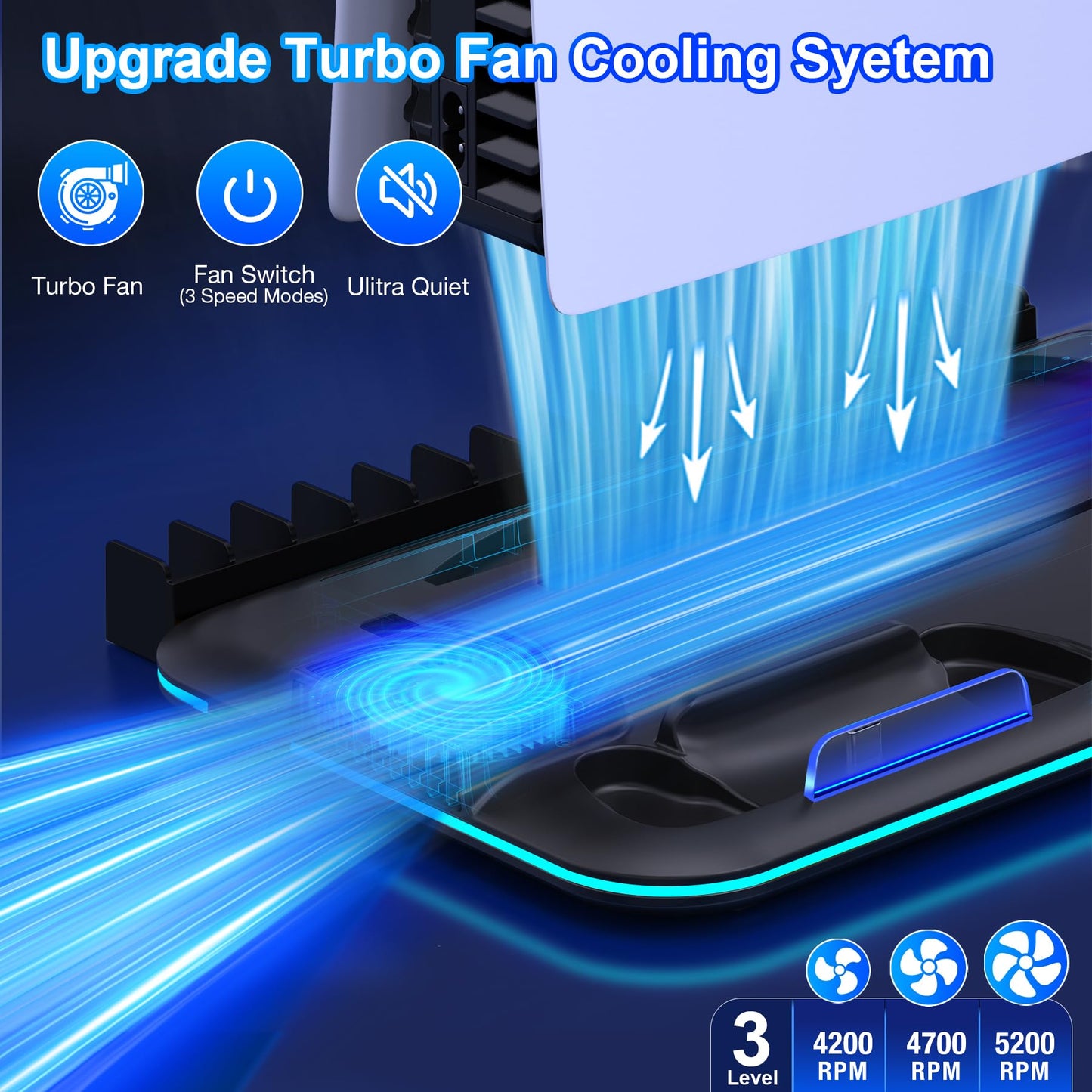 Kawaye PS5/Slim/Pro Stand and Cooling Station for PlayStation 5 Consoles, PS5/Pro/Slim Accessories with 3-Level Cooler Fan, PS5 Controller Charger