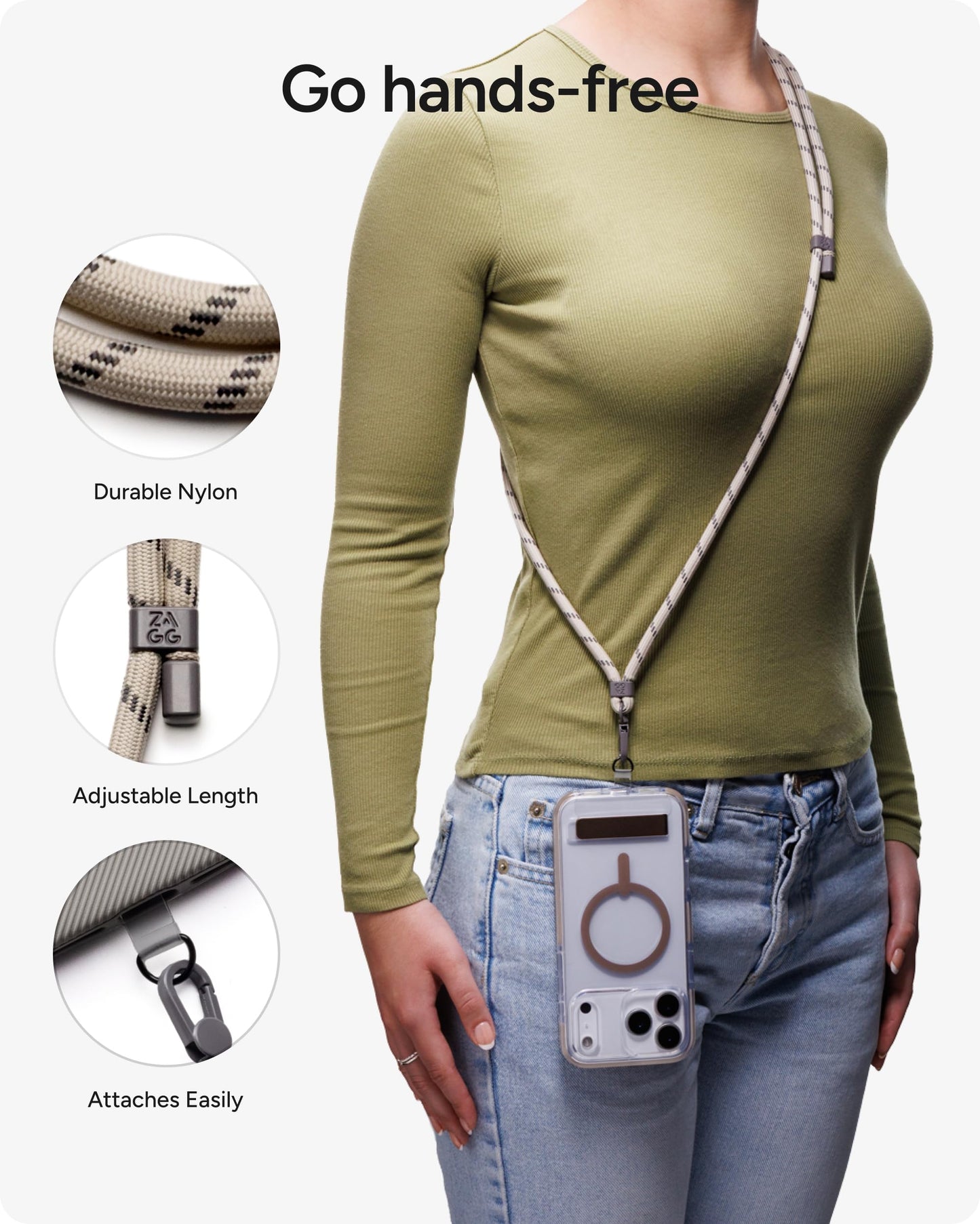 ZAGG Crossbody Lanyard for Phone Cases with Lanyard Attach Points - Adjustable Durable Nylon Strap with Tear-Proof Tab - Comfortable Hands-Free Carry