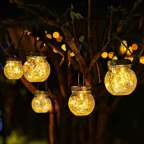 Cooo 12 Pack Crackle Glass Solar Lantern with 30 LED Firefly Lights- Waterproof Outdoor Hanging Lamp 215% Larger Solar Panel, Anti-Rust Lids