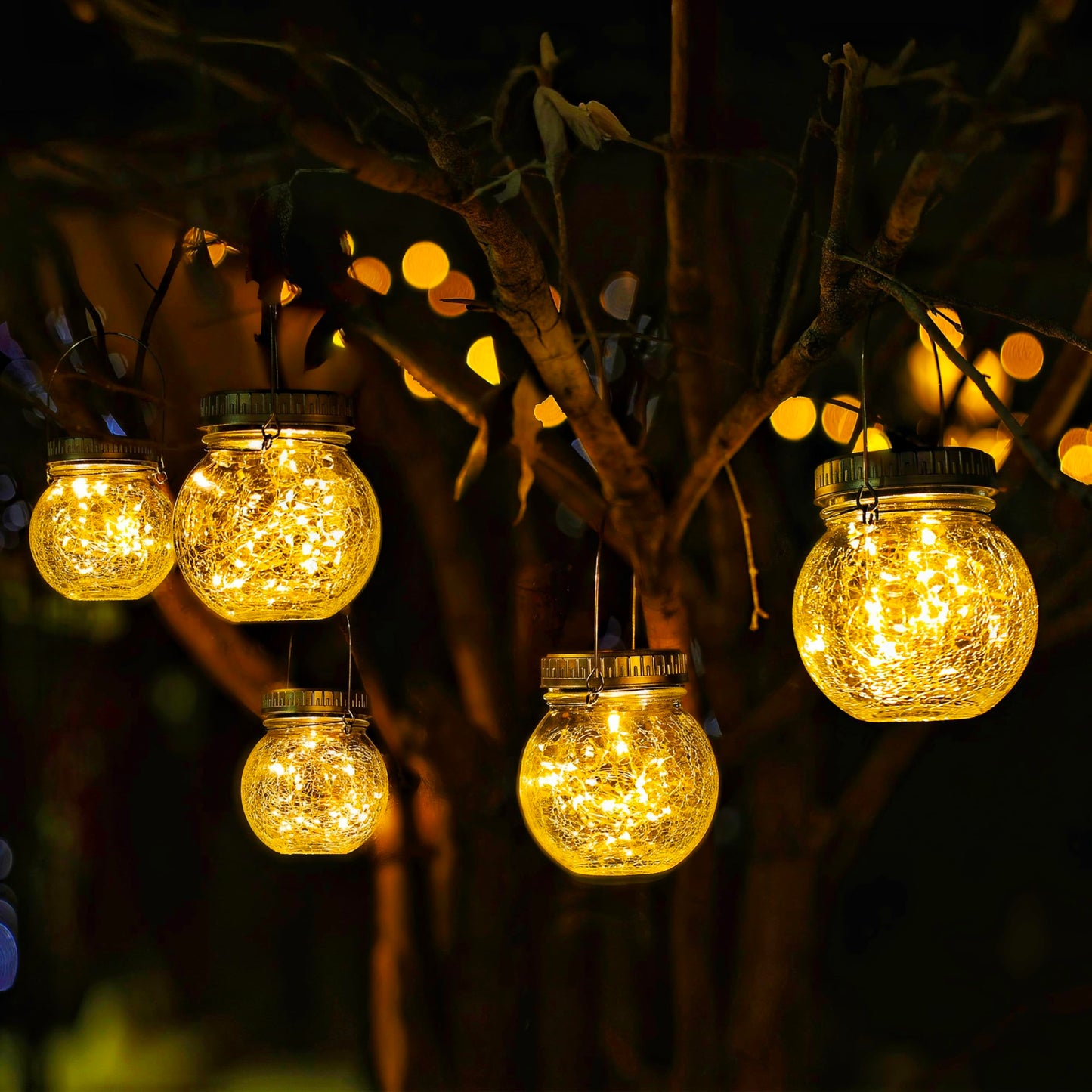 Cooo 12 Pack Crackle Glass Solar Lantern with 30 LED Firefly Lights- Waterproof Outdoor Hanging Lamp 215% Larger Solar Panel, Anti-Rust Lids