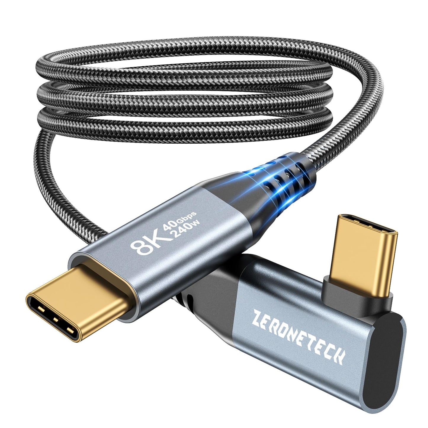 ZeroneTeck USB C Monitor Cable 8K@60Hz/4K@144Hz, 40Gbps High Speed Data Transfer, Right Angle Display Video Cable, 90 Degree USB C 3.2 Gen 2x2 240W PD