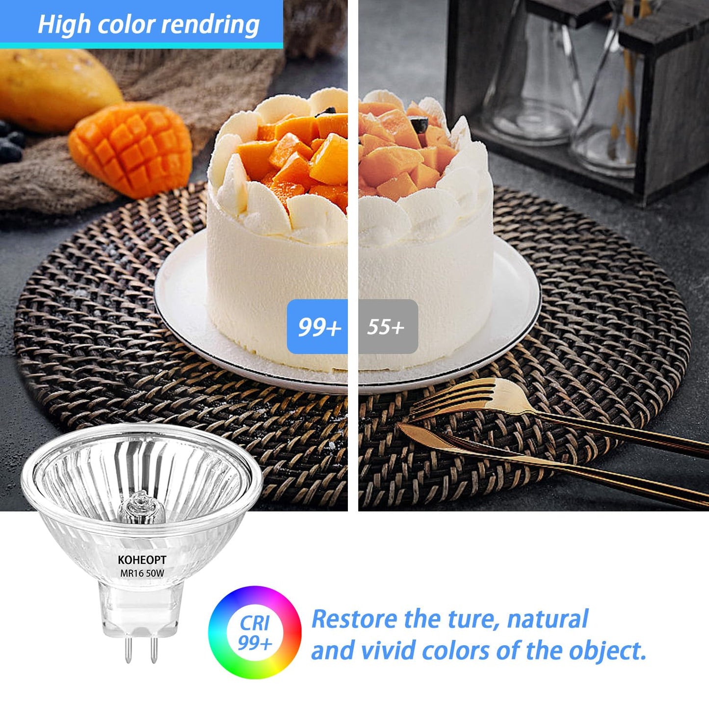 KOHEOPT MR16 20W Halogen Light Bulbs 2 pin,12V Durable 4 Packs High Output GU5.3 Base for Landscape Lights, Track Lights, Desk Lamps, Dimmable, 2700K