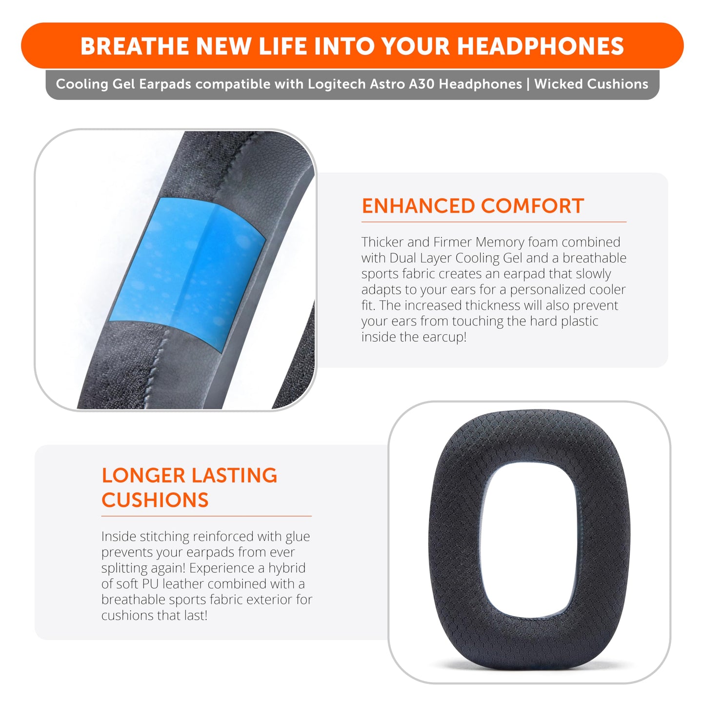 WC Freeze A30 - Cooling Gel Earpads Compatible with Logitech Astro A30 Headphones by Wicked Cushions - Elevate Comfort, Durability, Thickness & Sound