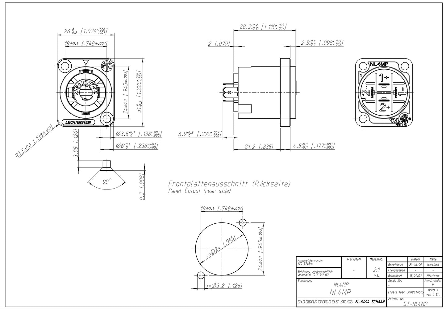 Neutrik NL4MP ( PACK OF 4) SPEAKON PANEL MOUNT ORIGINAL PATENTED "D" Chassis Mounting