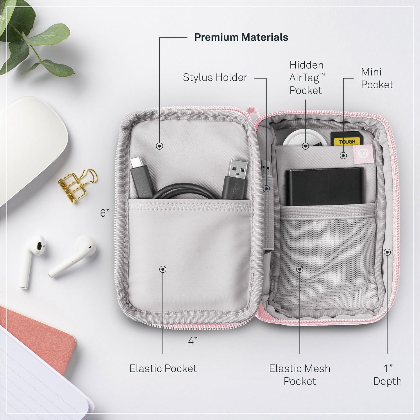 Folio Mini Tech Gear Pouch with Label Identification for Travel, Gym, Work Organizer for Cables Chargers, Electronic Accessories (Pale Pink)