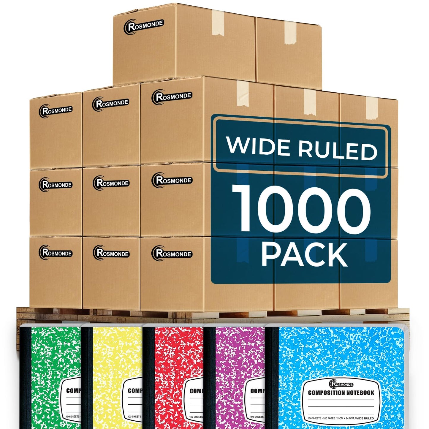 Rosmonde 1000 Pack Composition Notebooks Bulk, Wide Ruled, Assorted Marble