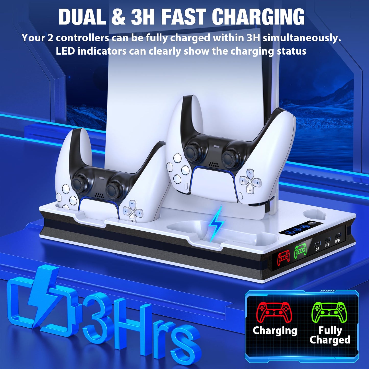 PS5 Pro/Slim/Ps5 Stand and Cooling Station with Controller Charging Station for Playsation 5 Disc Digital Consoles, PS5 Accessories Incl. 3 Levels