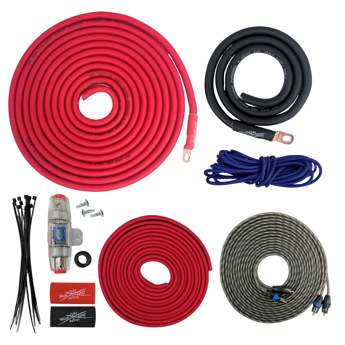 Oversized 4 Ga CCA AWG Amp Kit Twisted RCA Red Black Complete Sky High