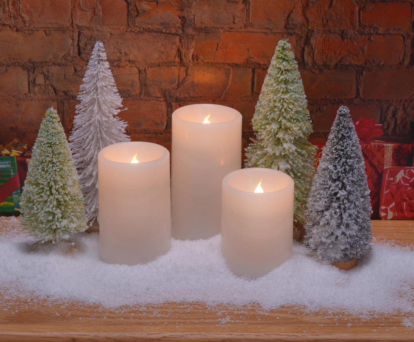 Mark Feldstein & Associates Sisal Tree and Wax LED Flameless Candle 8 Piece Candlescape Centerpiece Set, 8 Inch, White and Green with Artificial Snow
