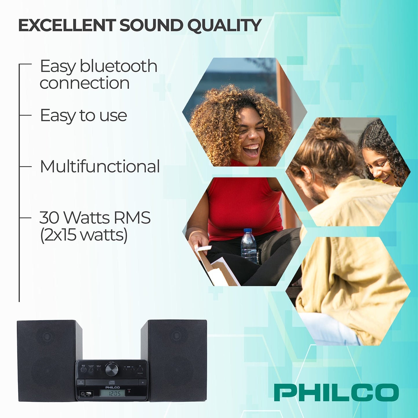 Philco Stereo Shelf Systems Tray Loading CD Player with Digital FM Radio, Bluetooth Streaming, Remote Control in Black | LCD Display | 3.5mm Headphone