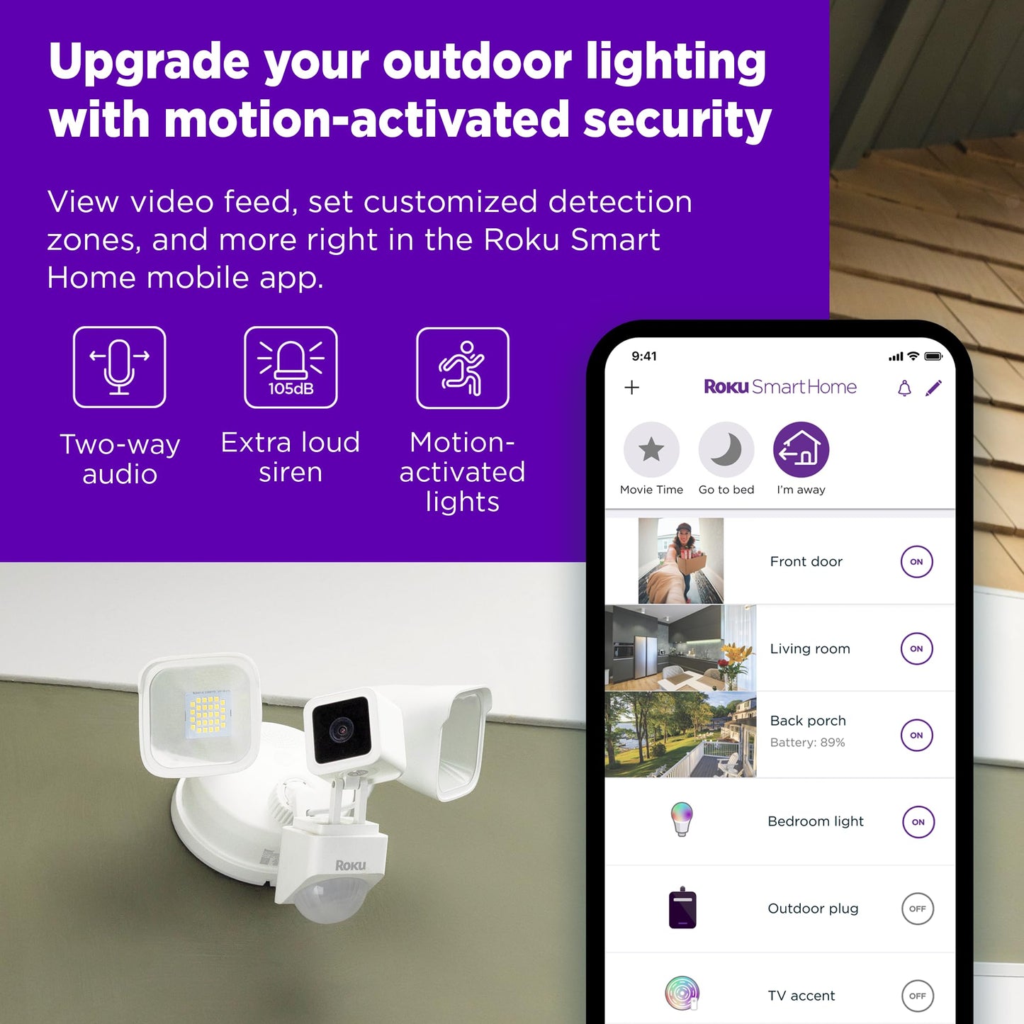 Roku Floodlight Camera for Home Security, Wired Outdoor 1080p HD Security Cam with 270° Night Vision, Dimmable Floodlights, Motion & Sound Detection