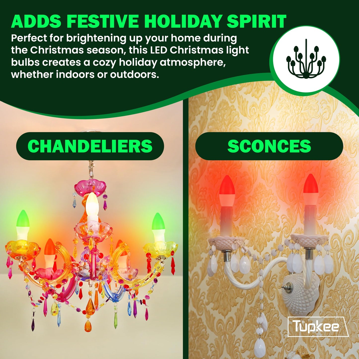 Tupkee LED Automatic Color Changing Bulb - Automatically Cycles Between Red/Green/White Every 5 Seconds - C37/B11 Candle Bulb, E12 Base, 3W Christmas