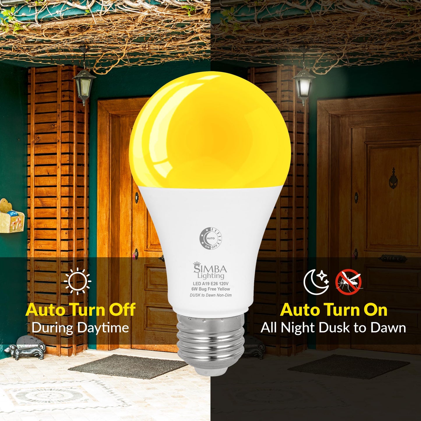 Simba Lighting LED Bug Non-Attracting A19 Yellow Dusk-to-Dawn 6W, 4 Pack