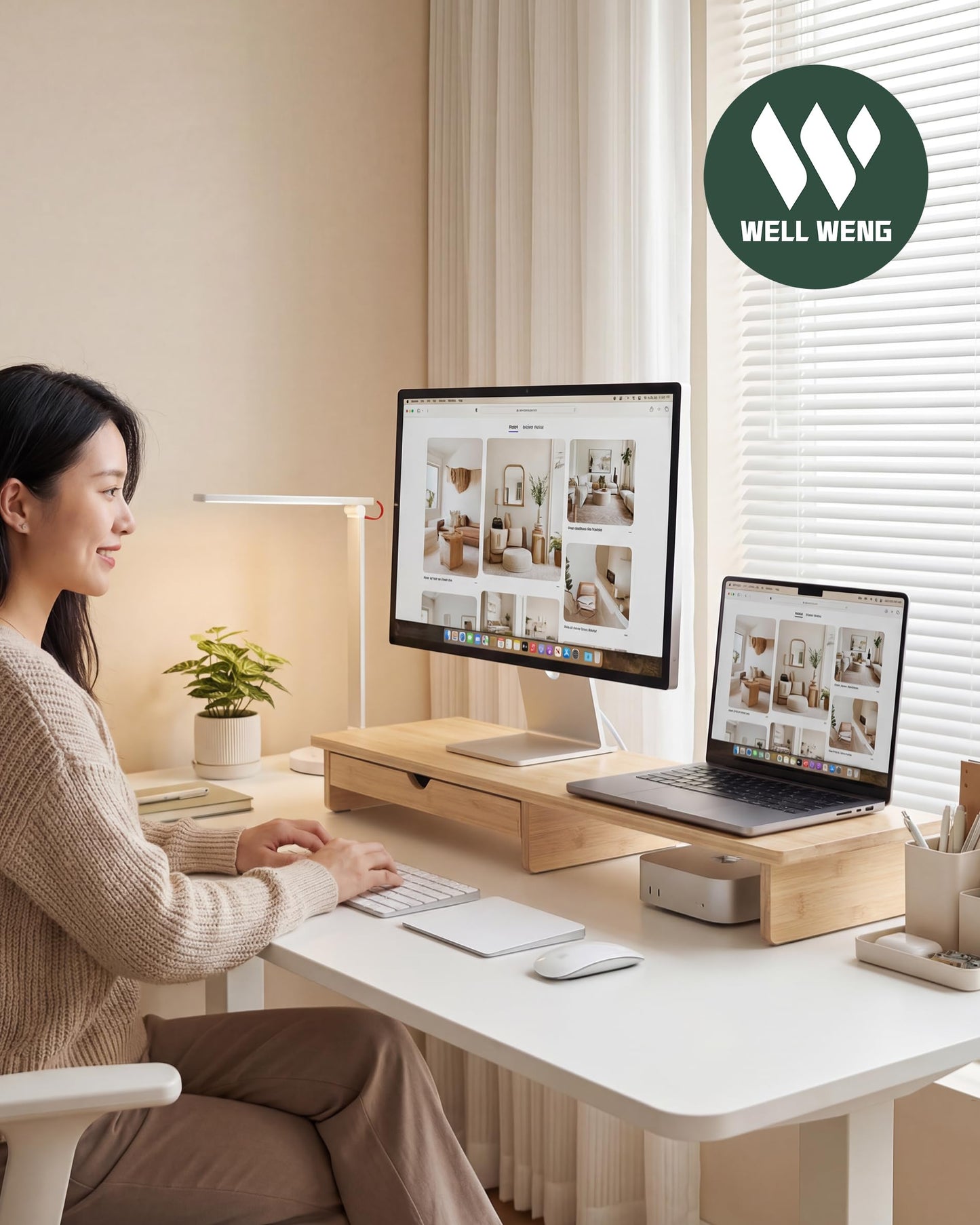 WELL WENG Bamboo Monitor Stand with Large Storage Drawer, 42 Inch Ergonomic Computer Riser for Desk, Screen Shelf with 5 Compartments for Keyboard