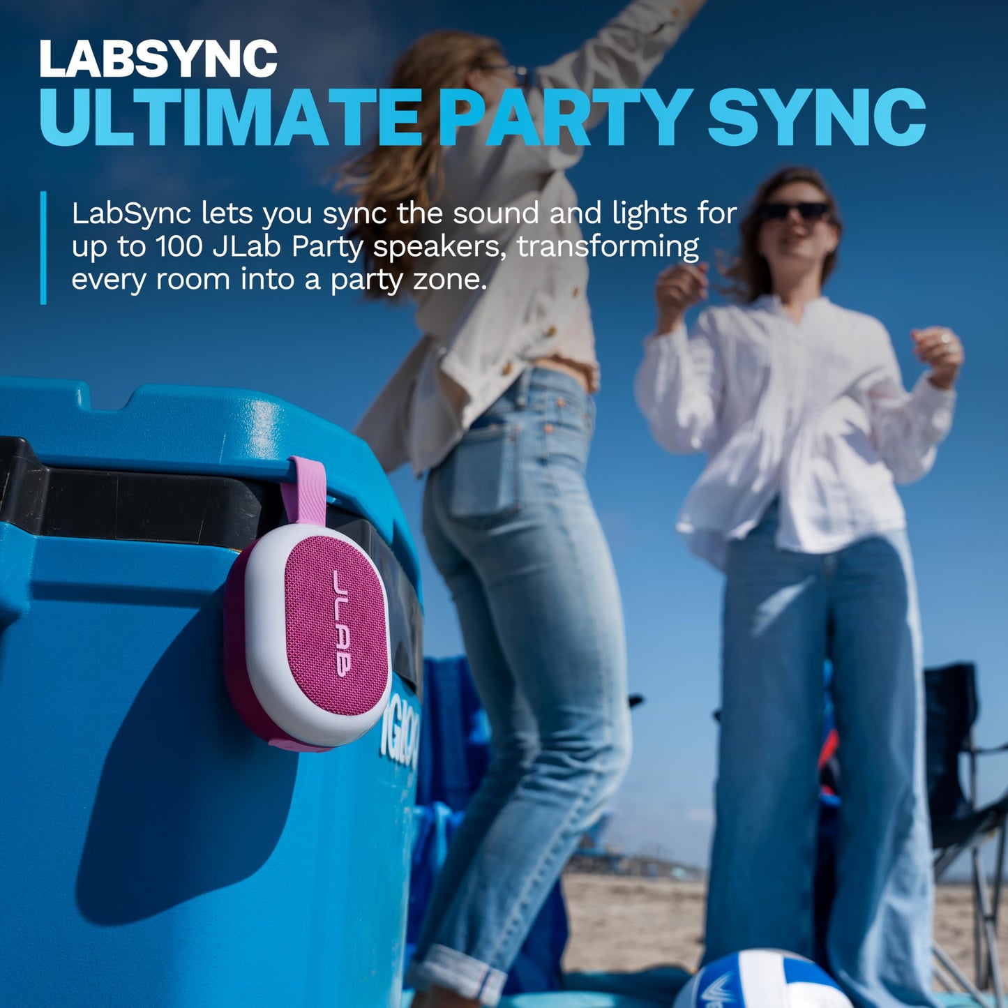 JLab Pop Party Portable Bluetooth Speaker, Mulberry, 8+ Hours of Playtime, IP55 Waterproofing, Detachable Loop Handle, Customizable RGB LED Lighting