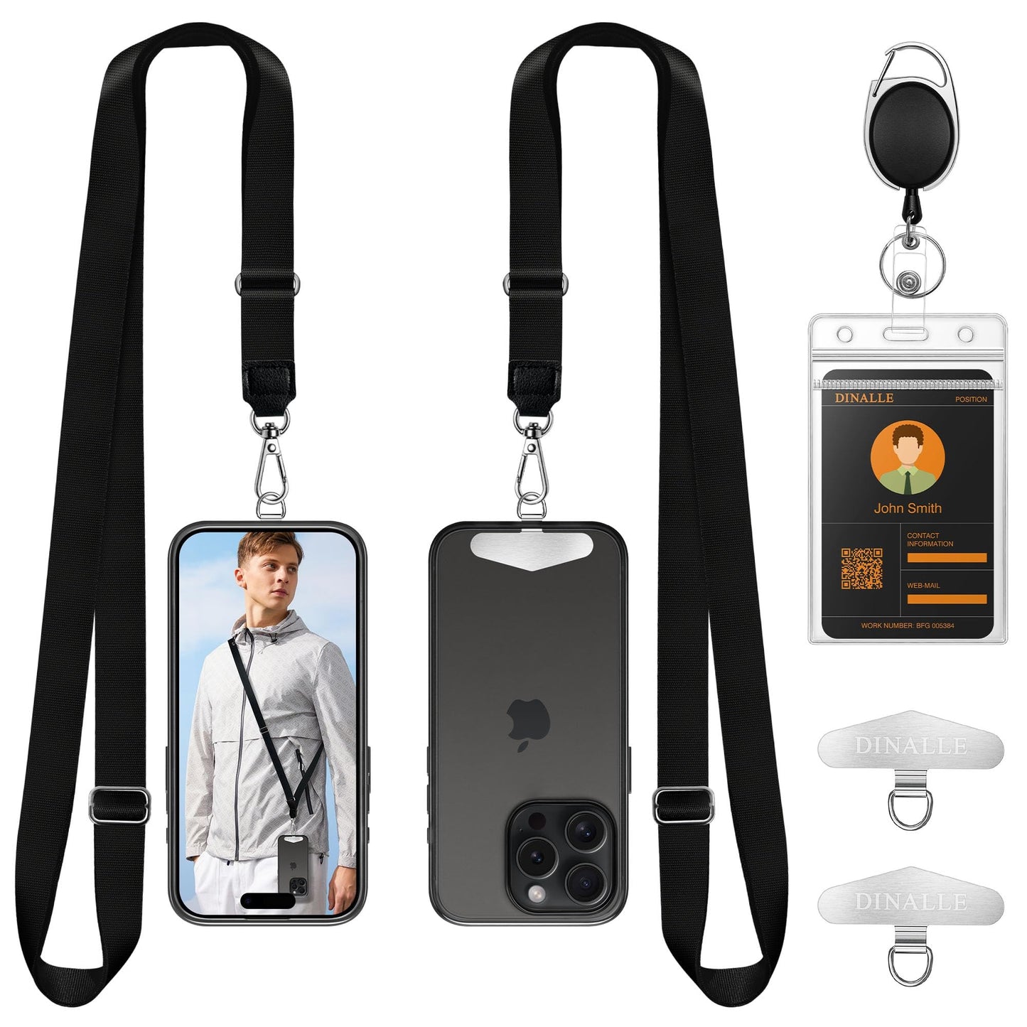 DINALLE Adjustable Crossbody Phone Lanyard 2 Pack & Retractable ID Badge Card Holder,Universal Cell Phone Multifuctional Patch Lanyards Compatible