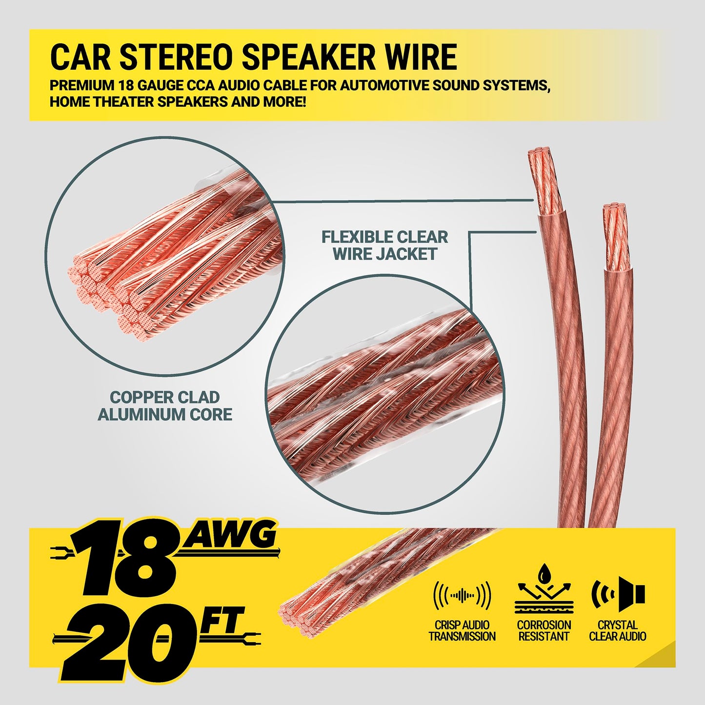 Scosche SW1820MX 18 Gauge CCA Car Stereo Speaker Wire, 18 AWG Audio Cable for Automotive Sound System, Home Theater Speakers - Copper Clad Aluminum 20