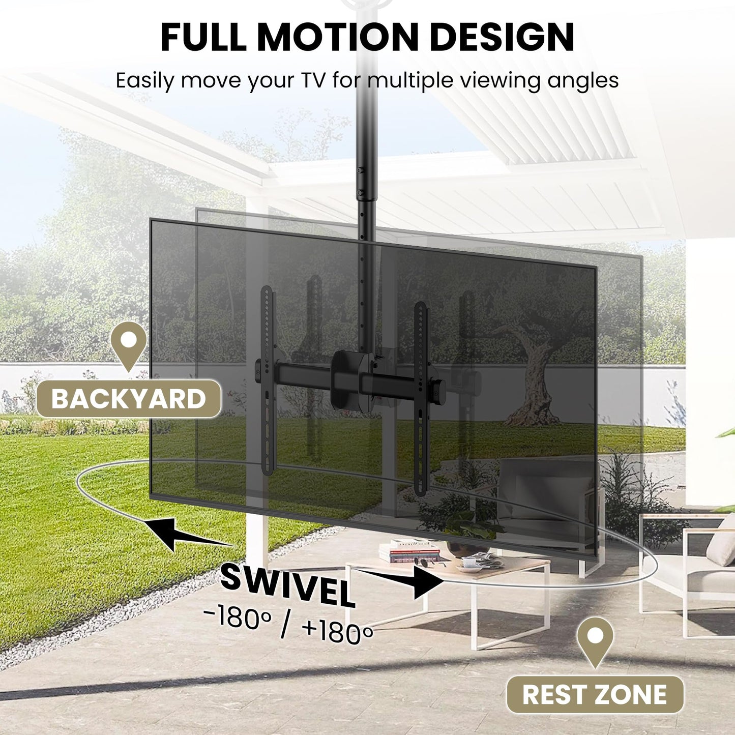 ZeboZap ZZTVC2144 Full Motion Outdoor Ceiling TV Mount Height Adjustable Hanging Mount for Patio Gazebo or Pergola Fits 32 to 55 Inch TVs with Tilt