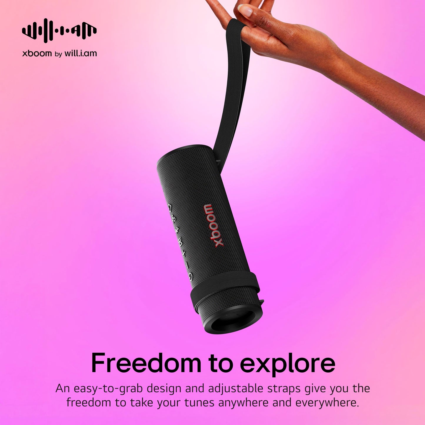 LG xboom Grab Core by will.i.am, Portable Outdoor Bluetooth Speaker for Sports and Athletes, up to 19 Hours, IP67 Dust and Water Resistant, Adjustable