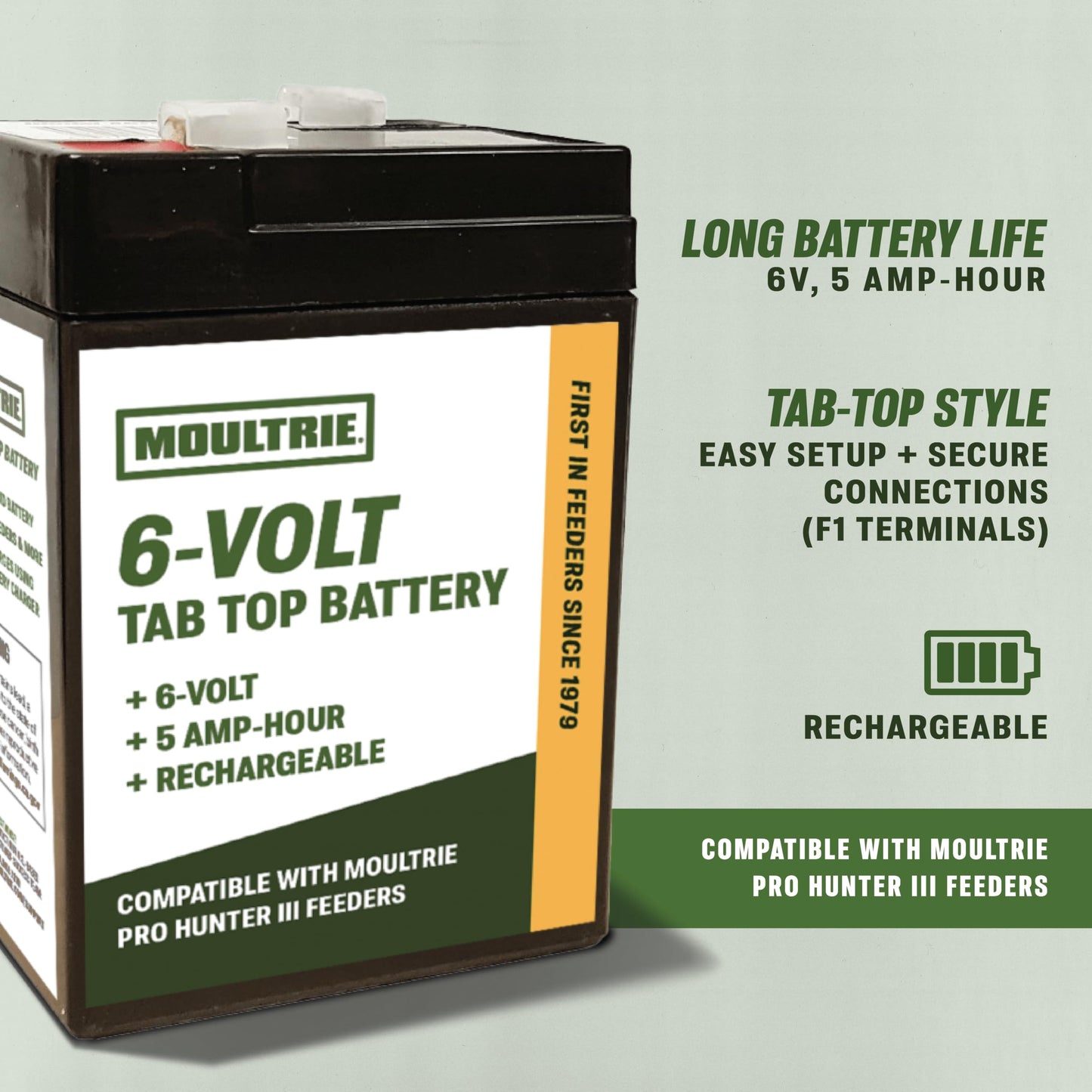 Moultrie 6 Volt Tab Top Battery - Designed for Moultrie Pro Hunter 3 Series Feeders - 5 Amp Hour - Rechargeable
