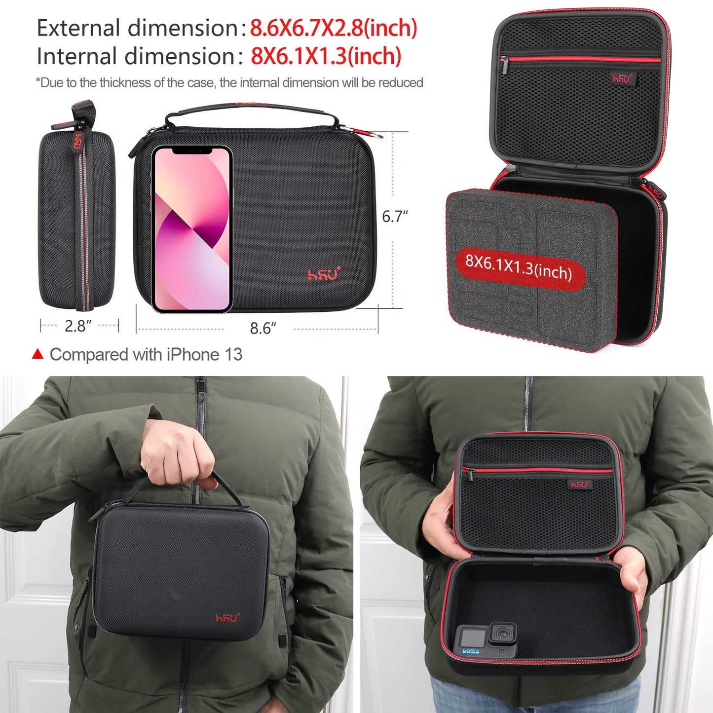 HSU Middle Protective Carrying Case for GoPro Hero 13, 12, 11, 10, 9, 8, 7, 6, 5, 4 Black and Accessories, Compact and Safe Action Camera Travel