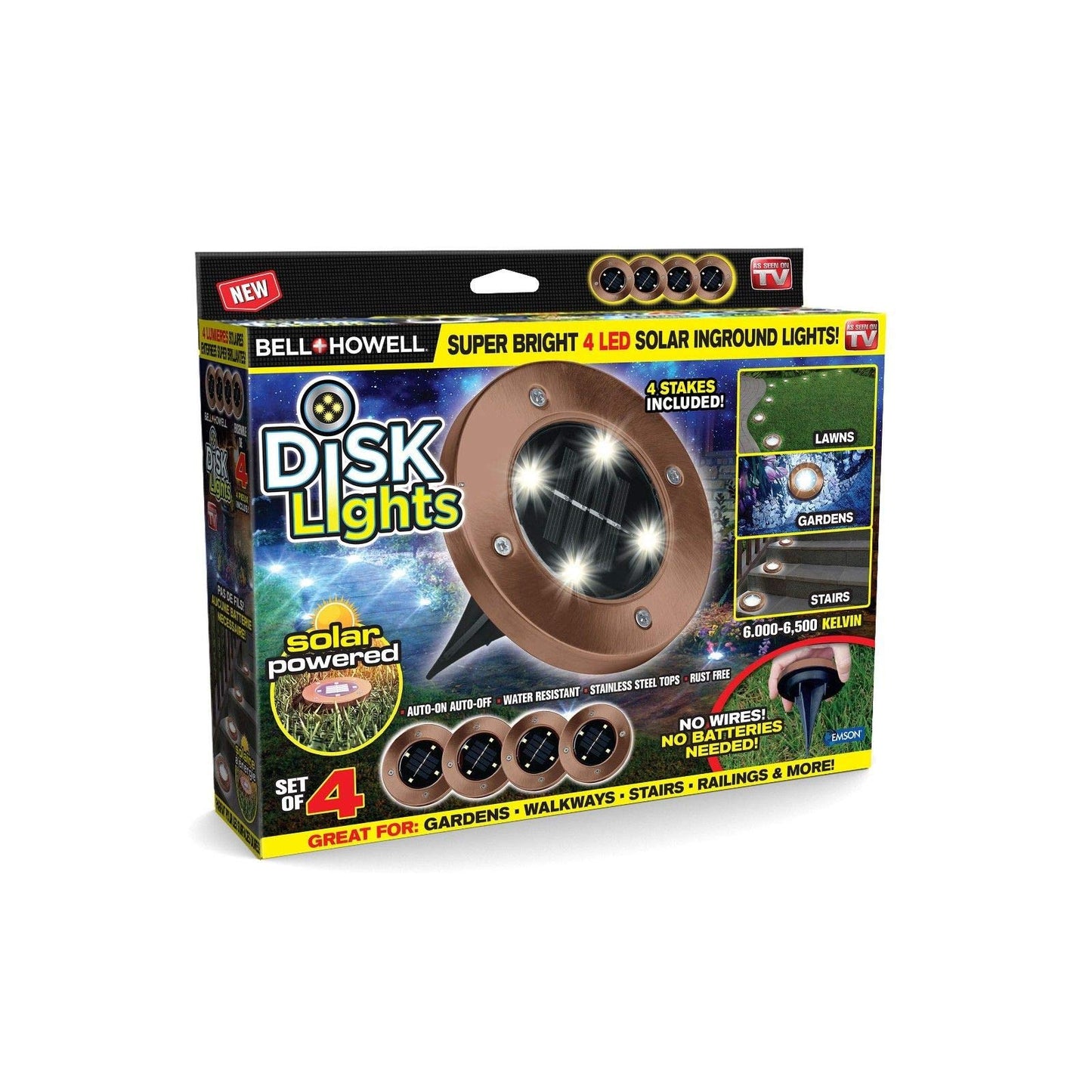 Bell+Howell Disk Lights Solar Weatherproof LED Outdoor, As Seen on TV 4 Pack, Bronze