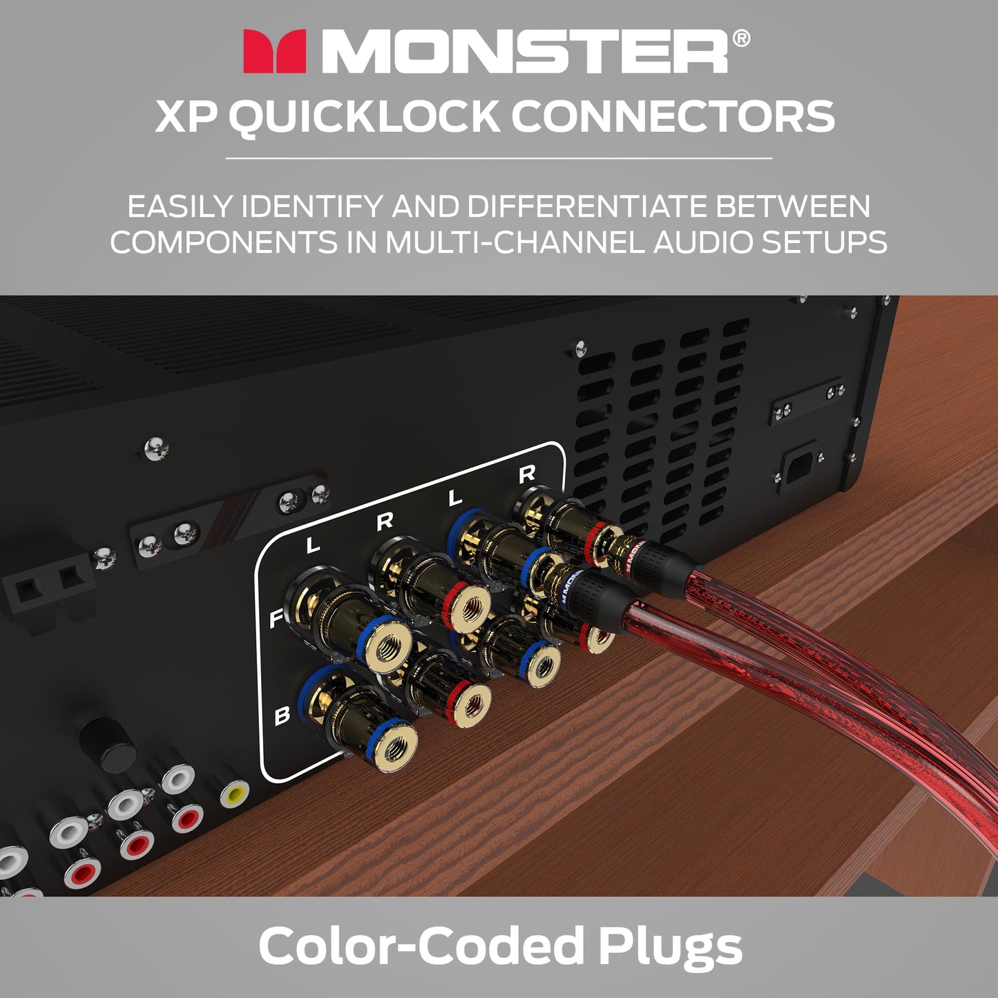 Monster XP QuickLock Banana Plugs for Speaker Wire, Self-Crimping Speaker Wire Connectors, 24K Gold-Plated Audio Connector Plugs, Color-Coded, 2 Pair