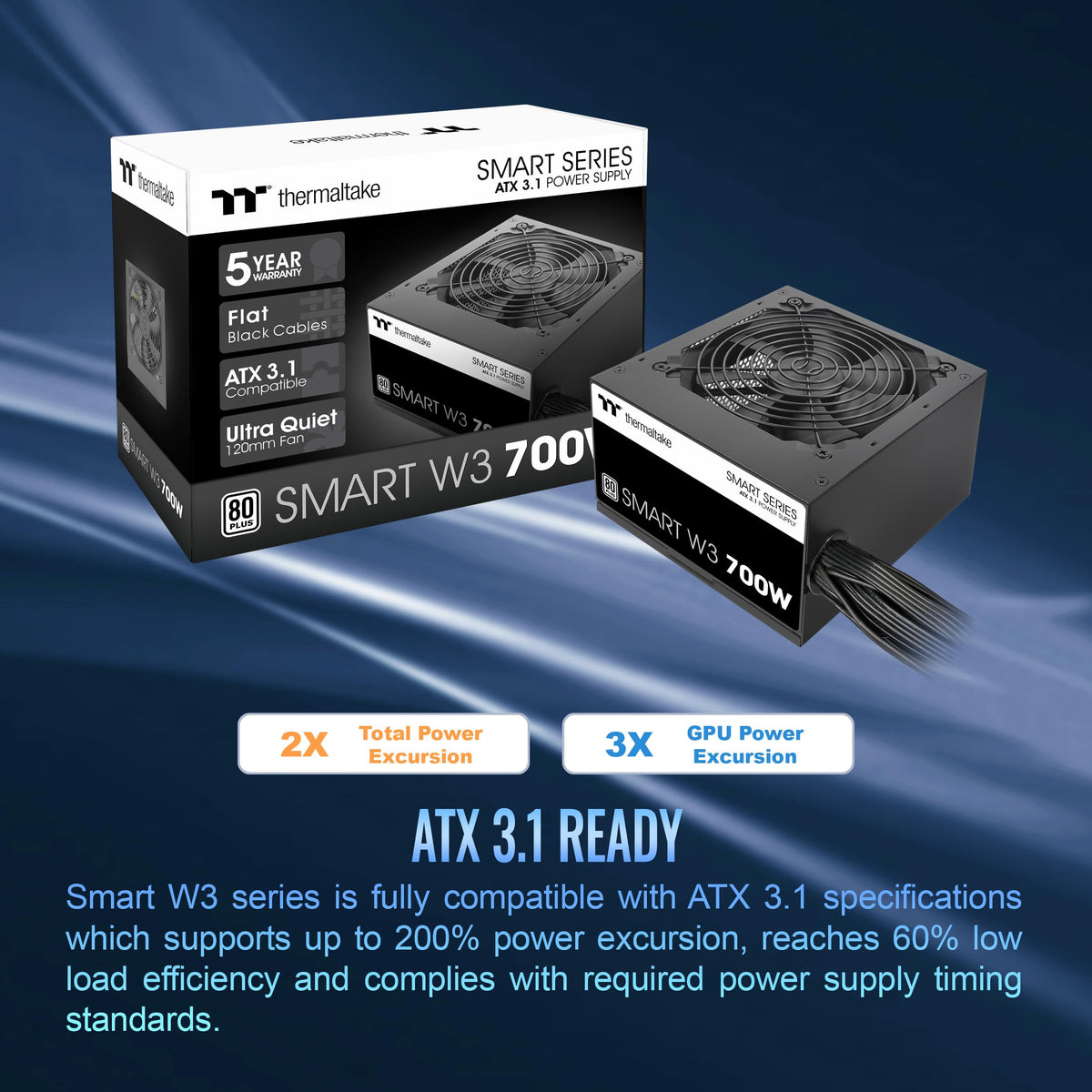 Smart W3 Series 80Plus Certified 700W Power Supply; ATX v3.1 Spec; 120mm FDB Fan; 5 Year Warranty; PS-SPW-0700NNFAWU-1