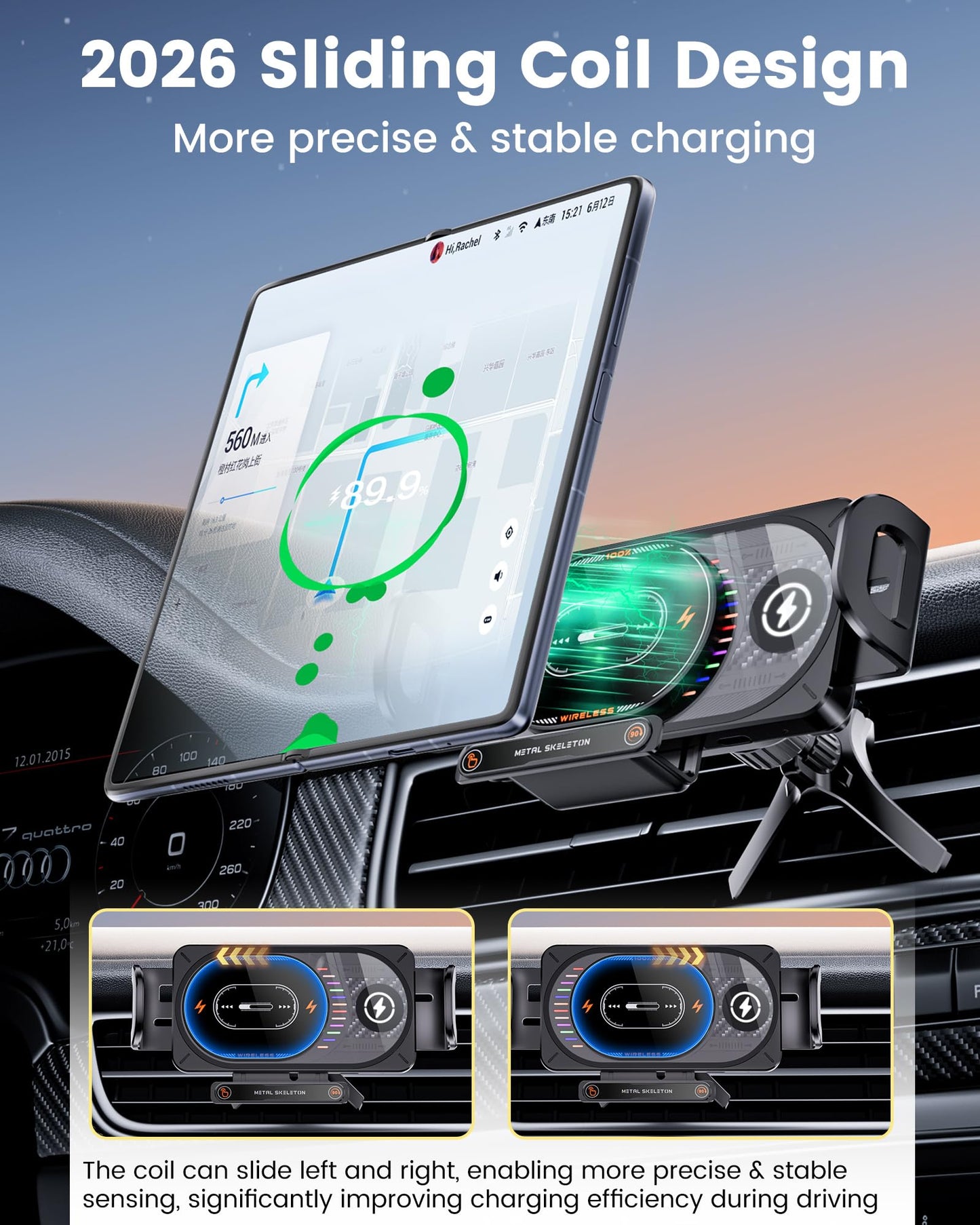 xuenair 15W Fast Charging Wireless Car Charger Mount, Z Fold 7 Car Mount with LED Light Auto Sensor, Car Phone Holder Wireless Charger for Samsung