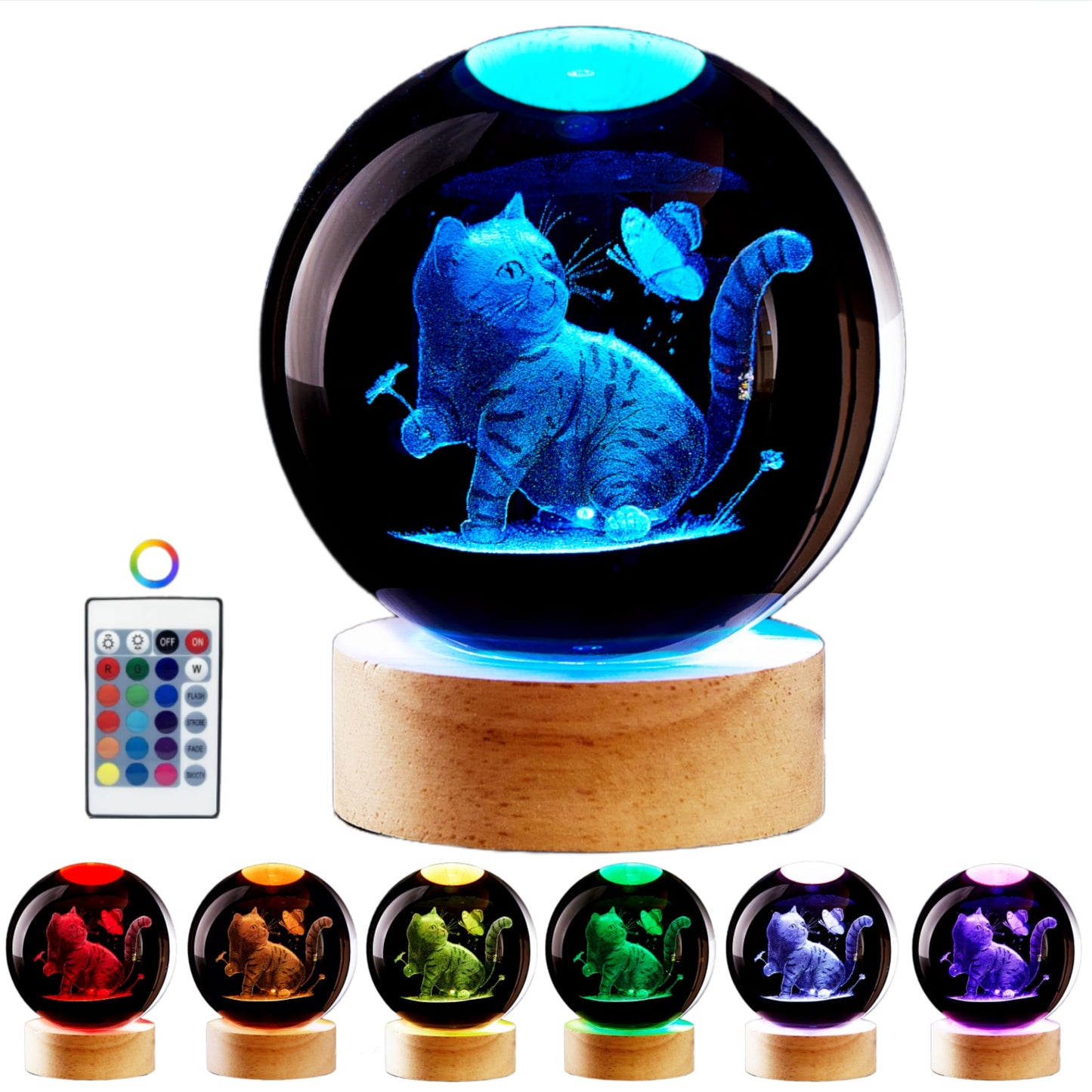 LMLOBEP Large Cat Crystal Ball Night Light with Wooden Base, 3D Cat Crystal Lamp, 16 Color Changing, Remote Control, Laser Engraved Glass Ball Lamp