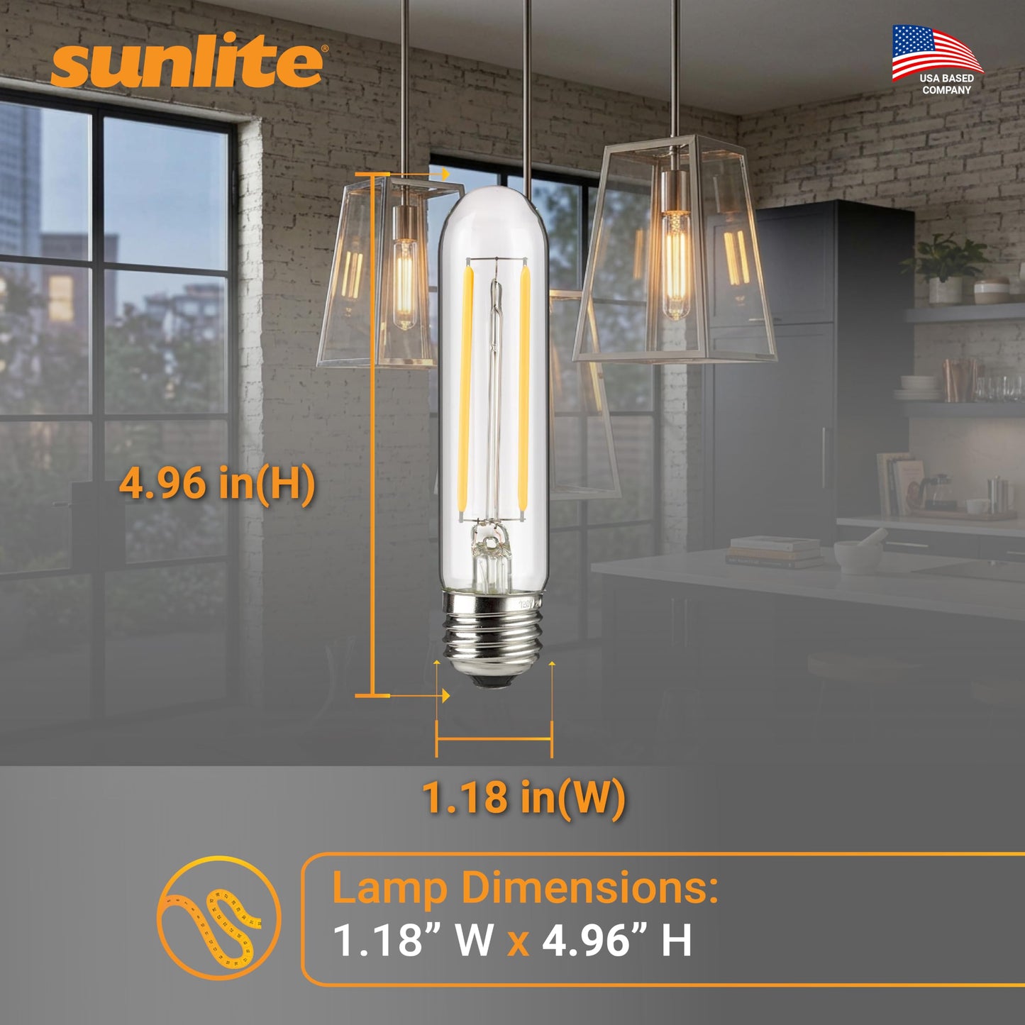 Sunlite LED Filament T10 Tubular Light Bulb, 2 Watts (25W Equivalent), 160 Lumens, Medium E26 Base, 120 Volts, Dimmable, 90 CRI, UL Listed, Clear
