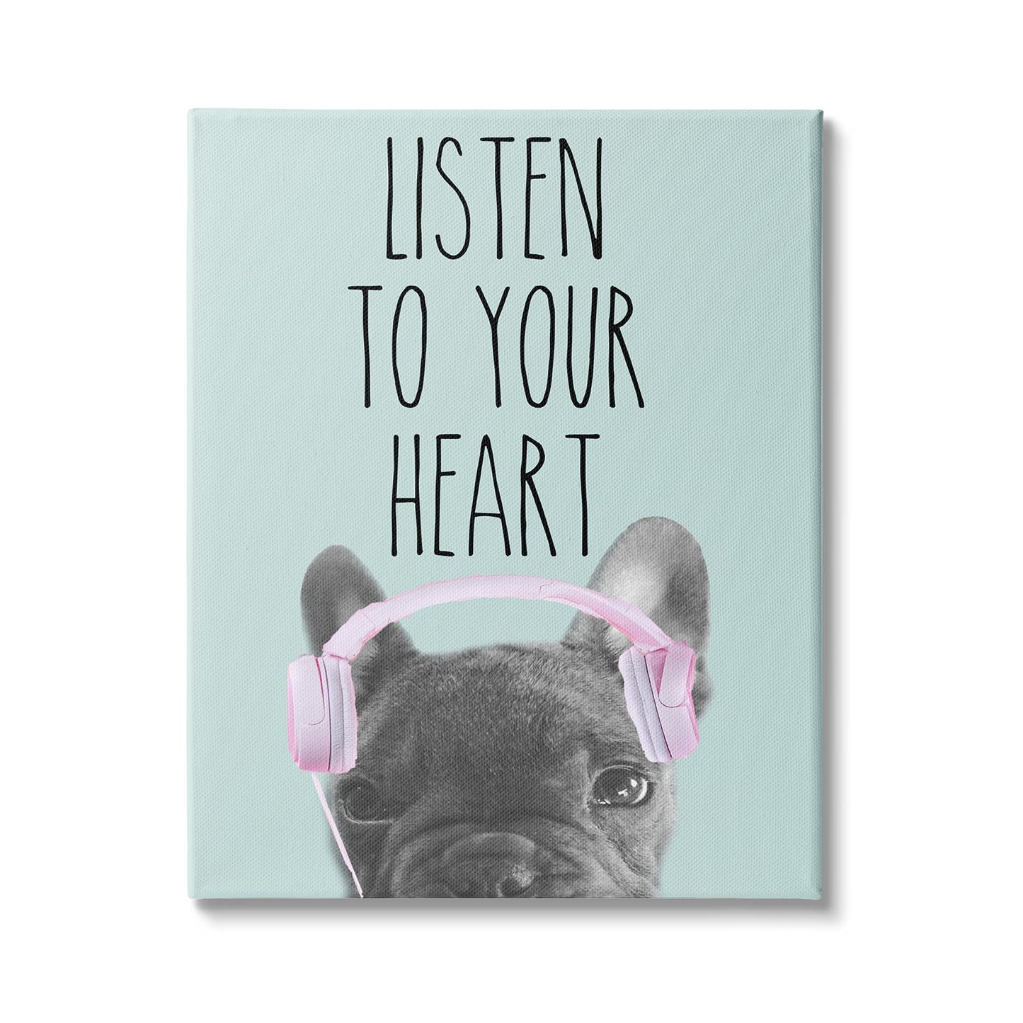 Stupell Industries Listen to Your Heart Phrase Headphones French Bulldog, Design by Sd Graphics Studio Canvas Wall Art, 30 x 40, Blue
