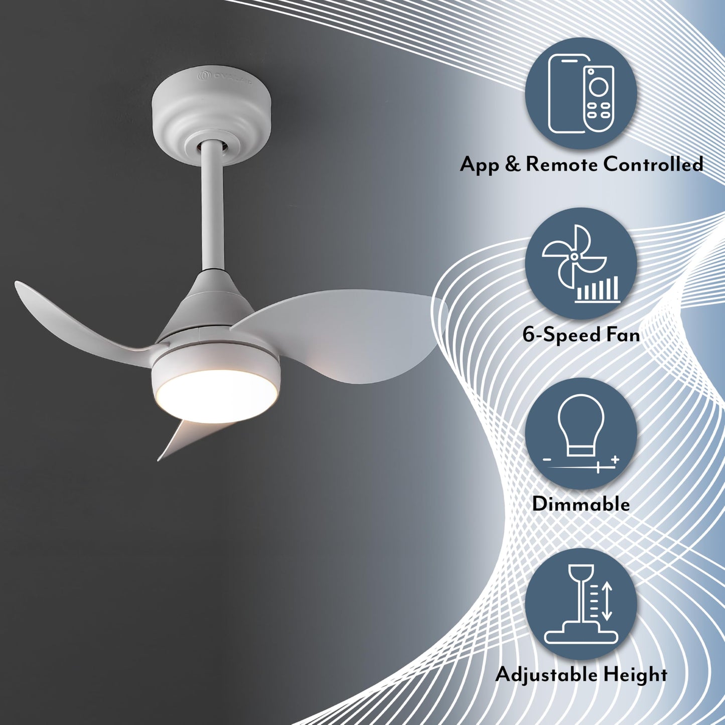 OVAL AIR AIR8000B Albini 22" Contemporary Minimalist 6-Speed Metal Mobile-App/Remote-Controlled Dimmable Smart Integrated LED Ceiling Fan for Living