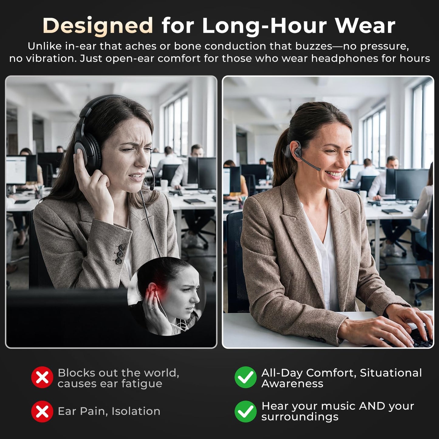 Puoene Air Conduction Open Ear Headphones with Mic, AI Noise Cancelling Bluetooth Headset, Dual Connect Wireless Headphones with Mute Button, 32g