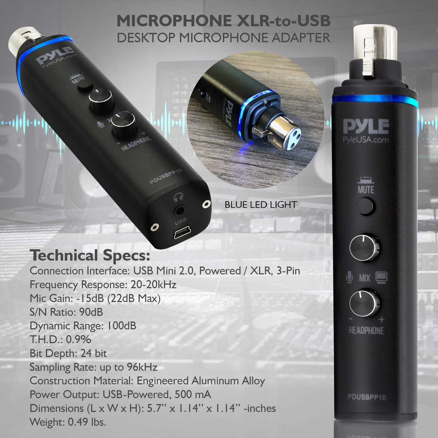 Pyle Microphone XLR-to-USB Signal Adapter - Universal Plug and Play XLR Mic to PC Adaptor for Digital Recording w/ Mix Audio Control, +48V Phantom