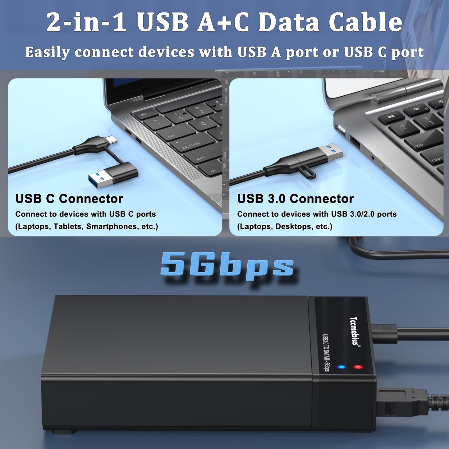 Tccmebius External Hard Drive Enclosure USB 3.0 Docking Station for 2.5 3.5 Inch SATA HDD SSD Up to 22TB, with 12V/3A Power Supply, USB A/C Cable