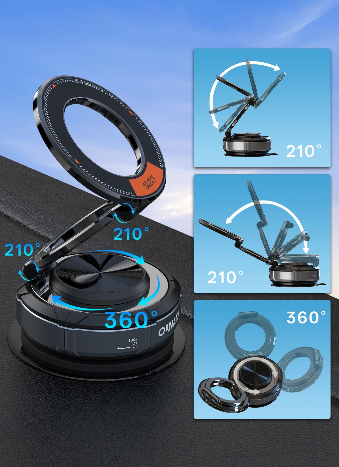 Car Phone Holder for Magsafe Car Mount 360° Adjustable Vacuum Magnetic Phone Holder 98LBS Suction Zinc Alloy Foldable Car Cell Phone Holder iphone