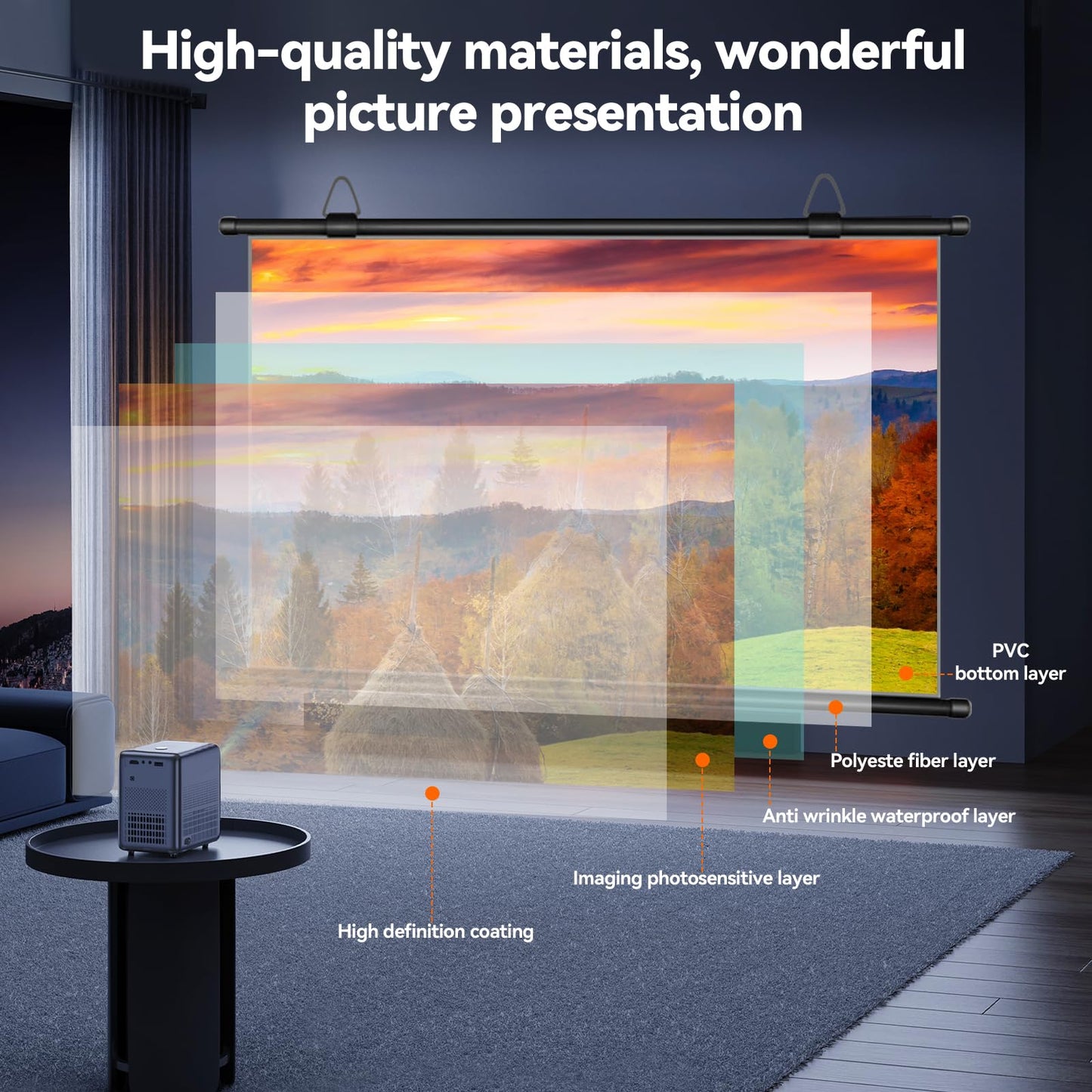 XIAOHUI Premium Portable Outdoor Projector Screen, 120 Inch, 16:9 Aspect Ratio, High Definition Display, 100% Polyester Projector Screen