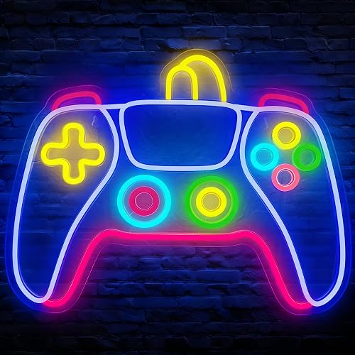 Gamer Neon Sign 17'' x 13'' Big Colorful Gaming Controller Neon Light Dimmable USB Powered Gamepad Shaped Gaming Led Light Up Sign for Teens Boys