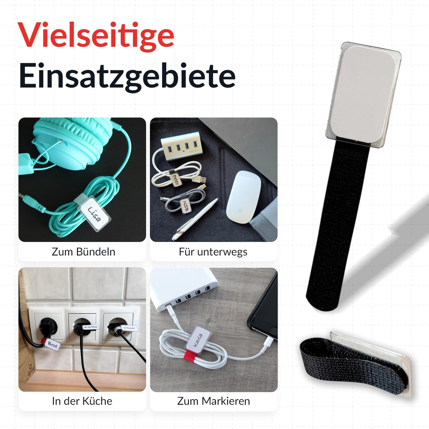 Cable Management Cable Ties with Labels, 10 PCS, Black - Reusable Hook and Loop Cable Labels, Cord Organizer for Travel, Wire Management, Wire Labels