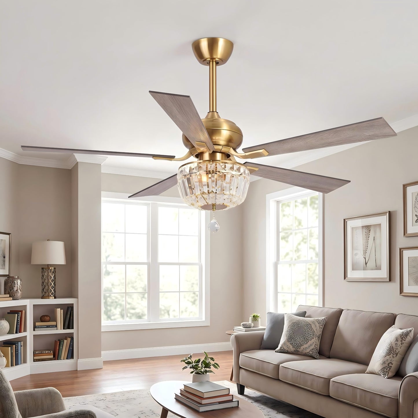 52 Inch Gold Ceiling Fans with Lights and Remote Crystal Chandelier Fan