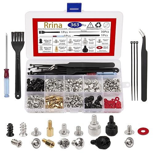 Rrina 363Pcs Computer Screw Standoffs Assortment Kit for 2.5in SSD Hard Drive Computer Case Motherboard Fan Power Graphics