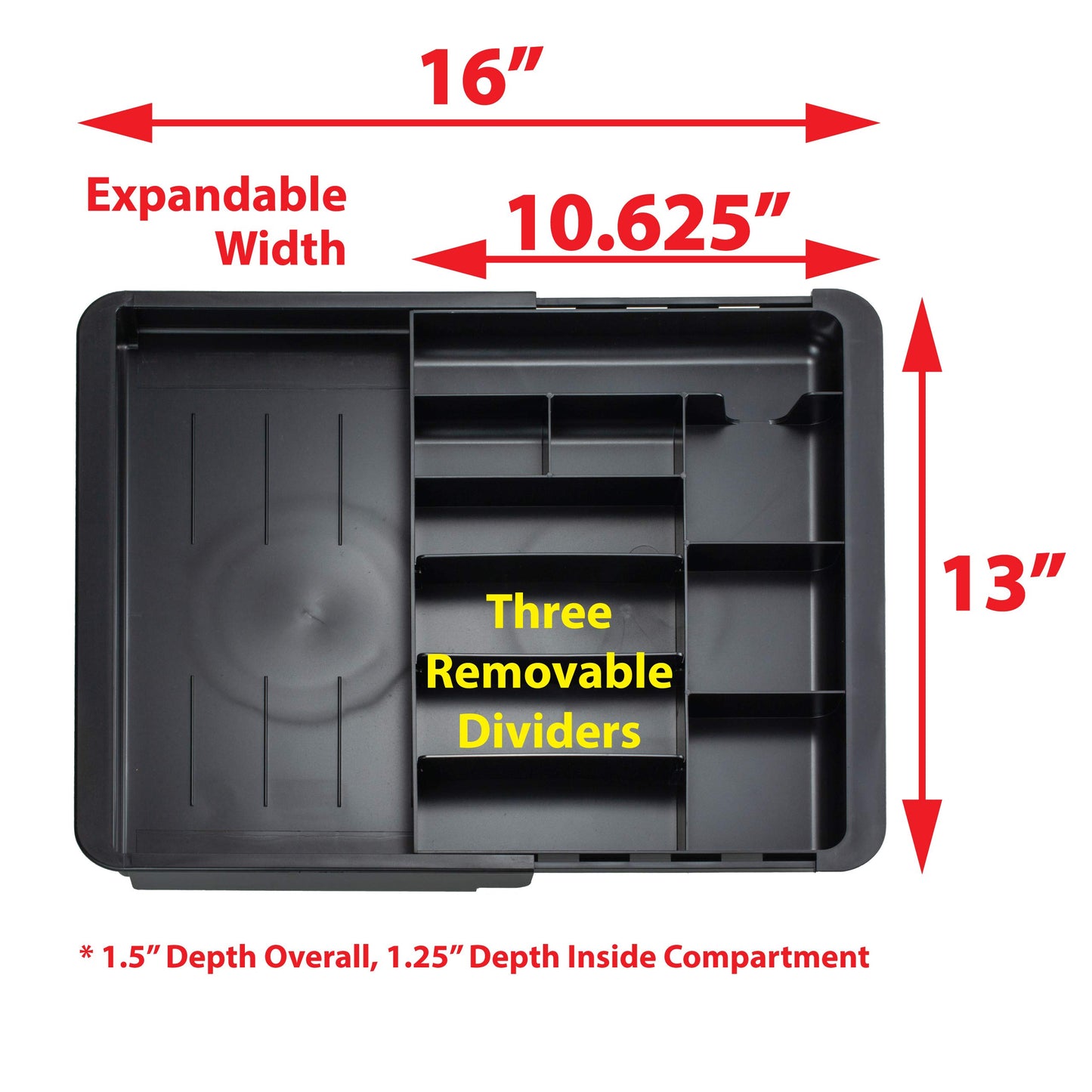 Officemate Expandable Drawer Organizer Tray, Adjustable 10.3"-16" Width, Customizable Compartments with Dividers, Recycled Plastic, Black