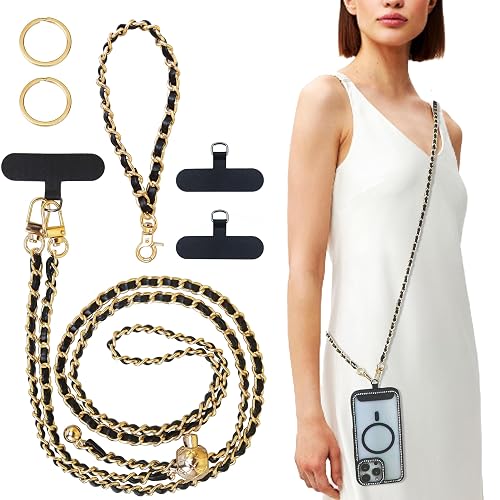 Vxhinqy Universal Crossbody Phone Strap,Metal Cell Phone Chain Leather Anti-Theft Crossbody Lanyard for all smartphone with 1*Wrist Strap?2*Tether