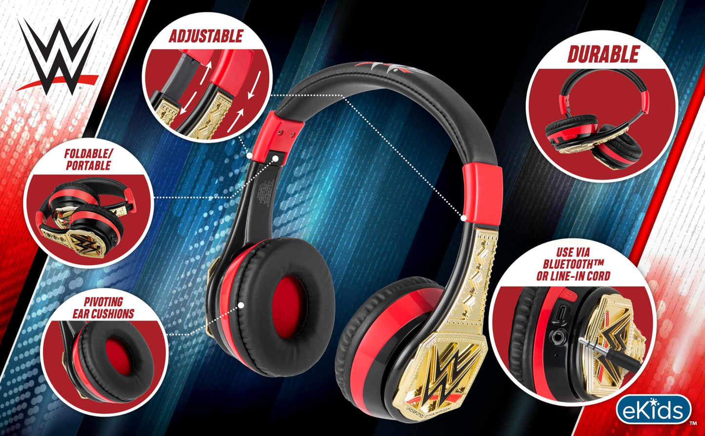 eKids WWE Bluetooth Headphones, Wireless Headphones with Microphone Includes Aux Cord, Kids Earphones for School, Home, or Travel