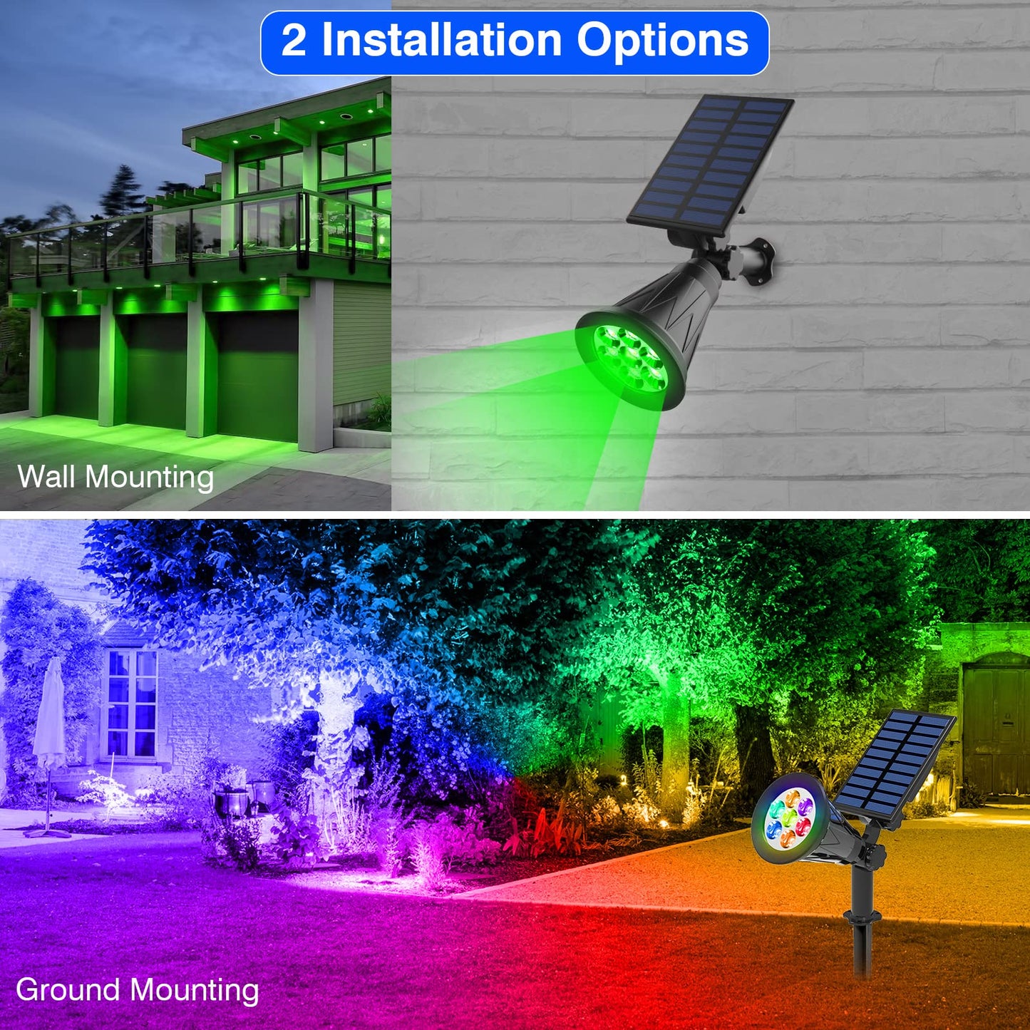 T-SUN Solar Spotlights, Color Changing 7 LED Waterproof Solar Garden Lights, Auto ON/OFF Adjustable Landscape Spot Lights, 2-IN-1 Solar Wall lights