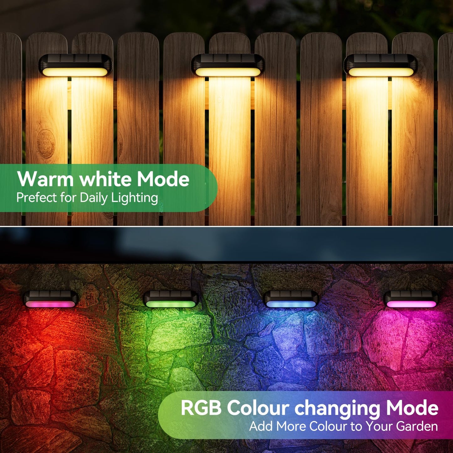 Ahaorigin Solar Outdoor Lights for Deck 4 Pack, Upgraded RGB Solar Fence Lights with Color Changing & Warm White Mode, Waterproof LED Solar Powered