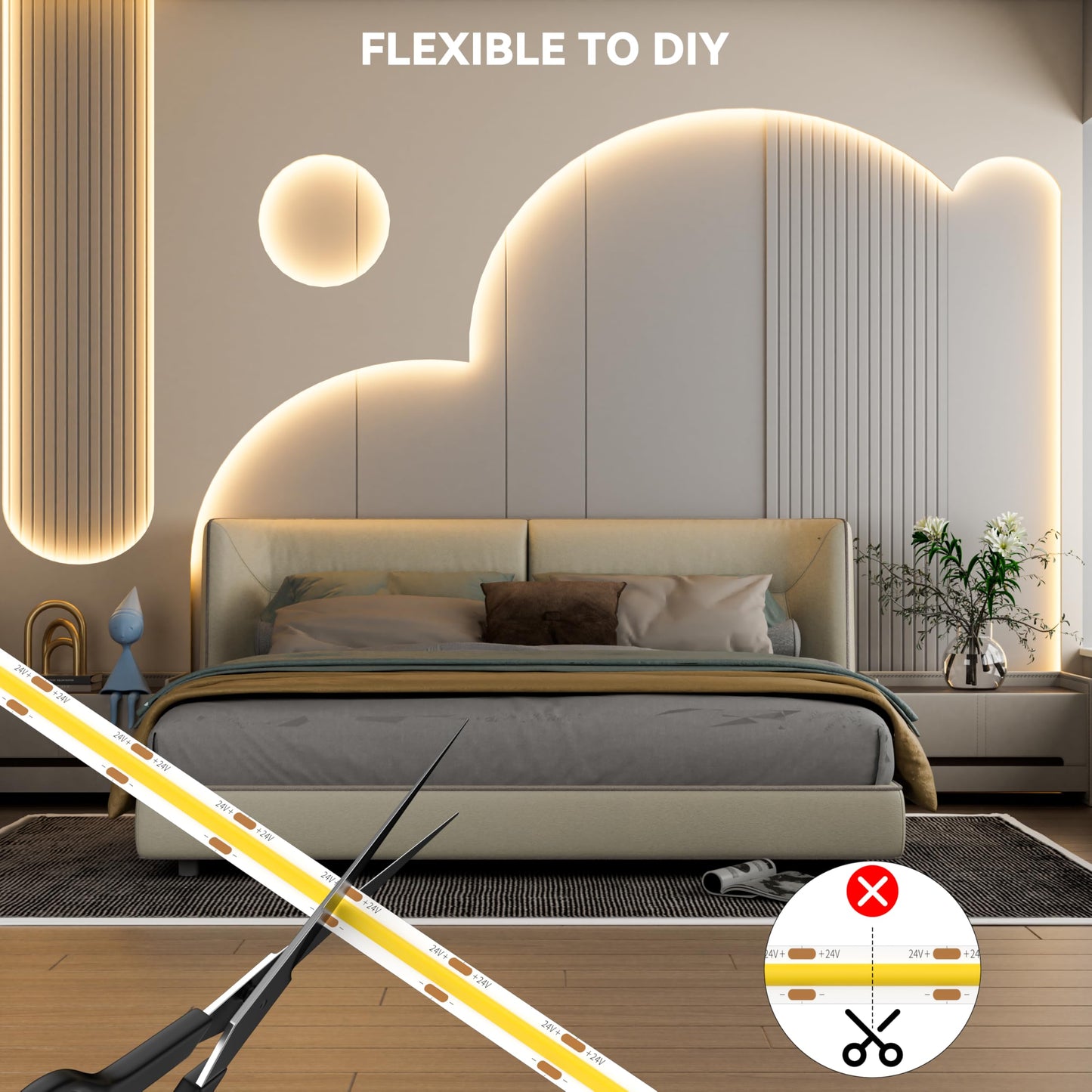 PAUTIX COB LED Strip Lights 48ft/15m Super Bright,504 LEDs/m Warm White 2700K CRI90+ Flexible LED Tape,DC24V for Cabinet Home DIY Lighting Projects