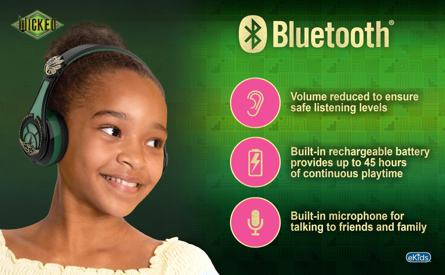 Wicked Elphaba Bluetooth Headphones for Kids, Wireless Headphones for School, Home, or Travel (Wicked Elphaba)